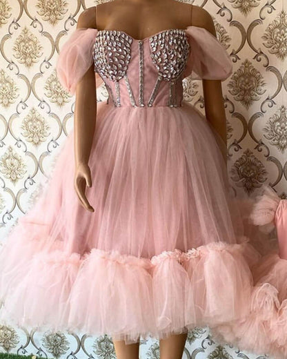 Pink Tulle Midi Prom Dress