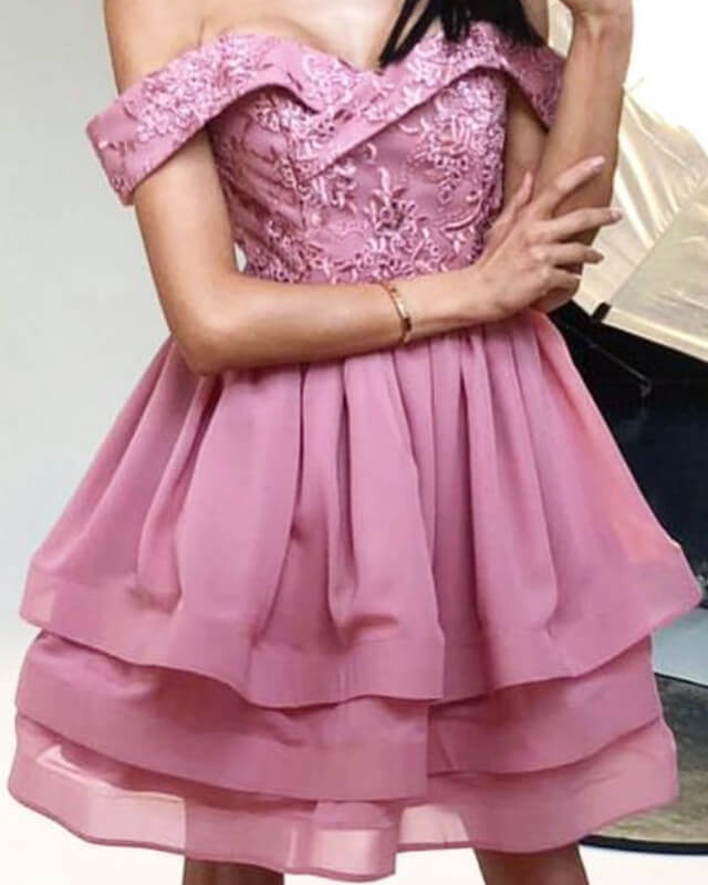 Mauve Off The Shoulder Lace Appliques Homecoming Dress