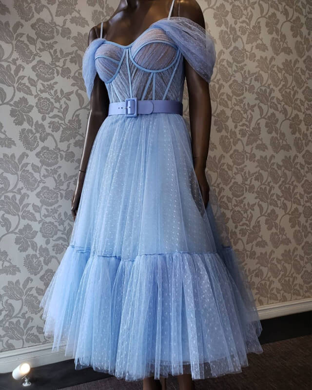 Blue Dot Tulle Off-the-shoulder Corset Dress