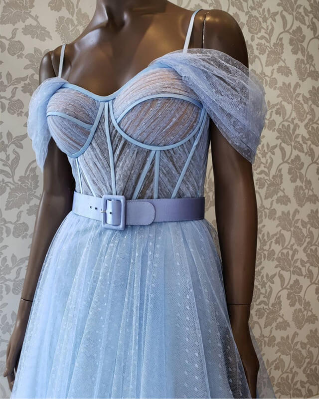 Blue Dot Tulle Off-the-shoulder Corset Dress