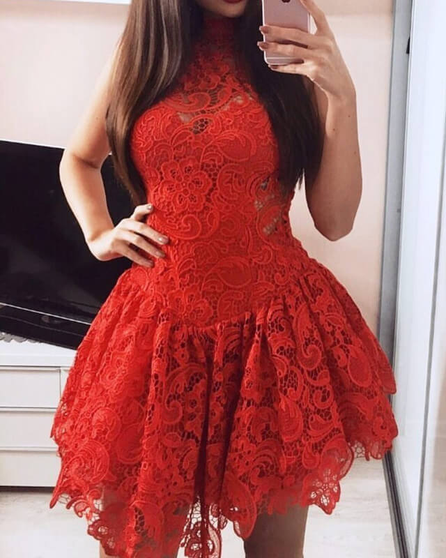 Short Lace High Neck Homecoming Dress