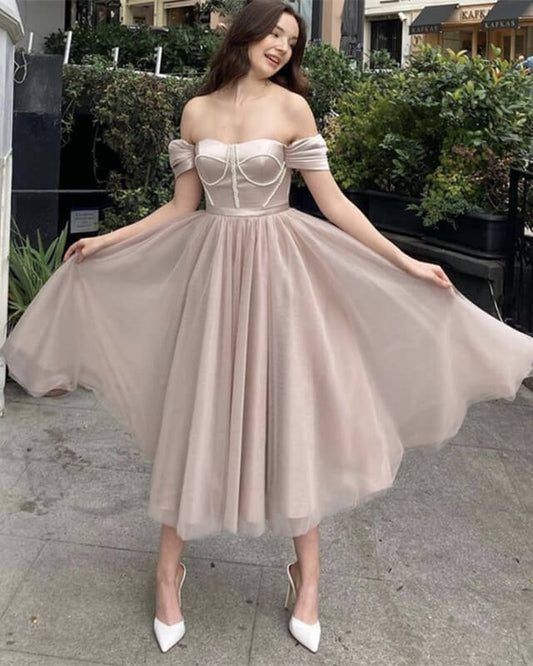 Nude Tulle Beaded Sweetheart Corset Midi Dress