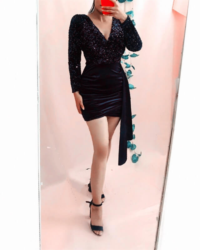 Long Sleeve Sequin V Neck  Bodycon Homecoming Dresses