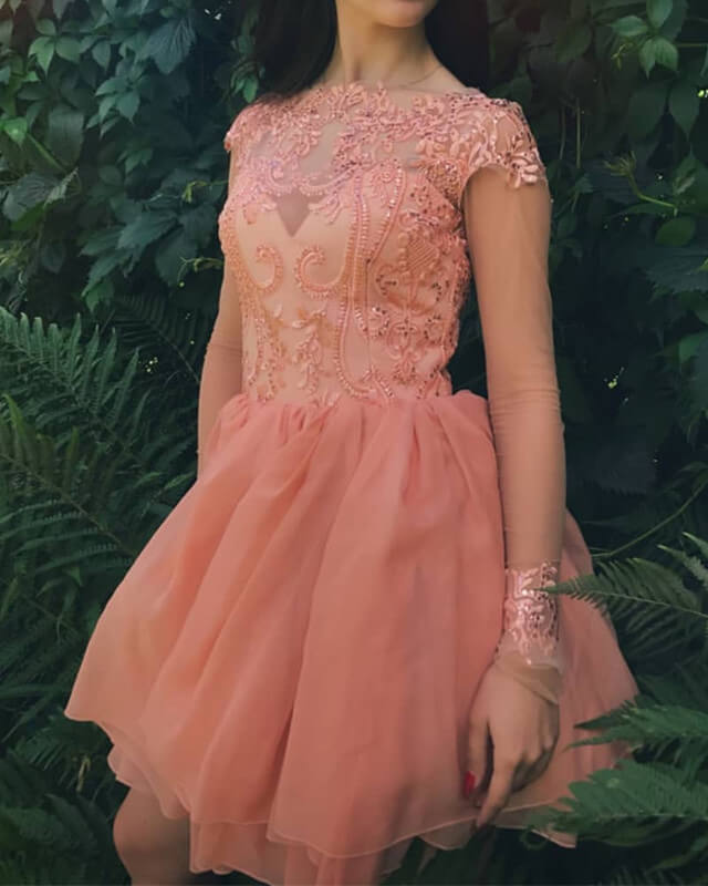 Peach Long Sleeve Homecoming Dress