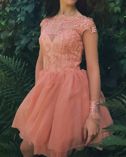 Peach Long Sleeve Homecoming Dress