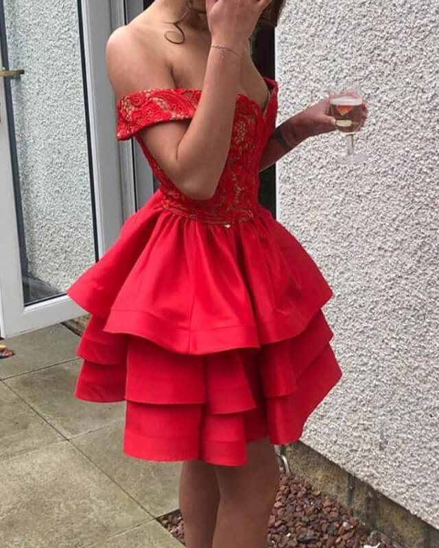 Short Red Ruffles Satin Lace Off The Shoulder Dress