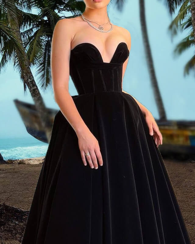 Black Velvet Tea Length Strapless Corset Dress