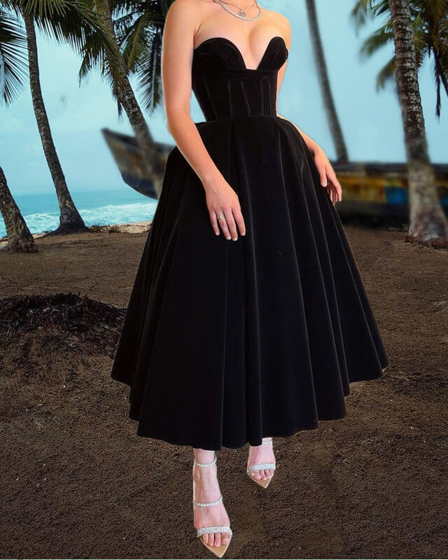 Black Velvet Tea Length Strapless Corset Dress
