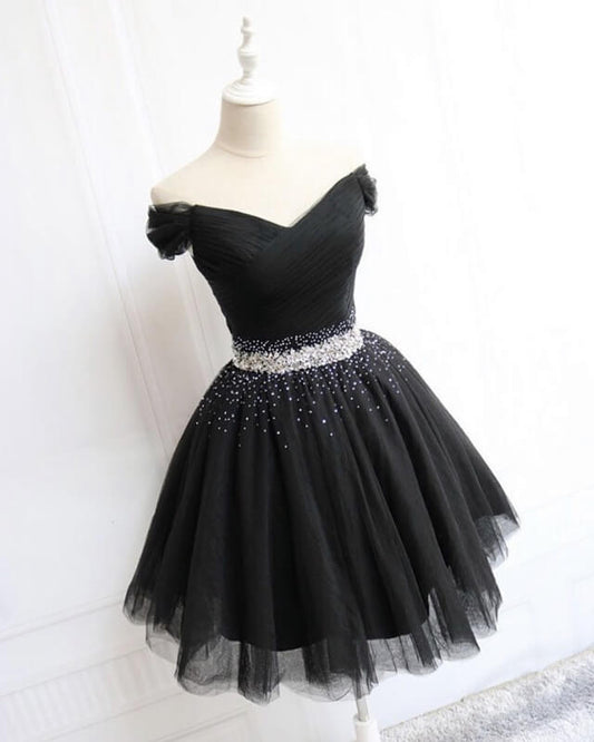 Short Black Tulle Off The Shoulder Dress Beaded Sashes