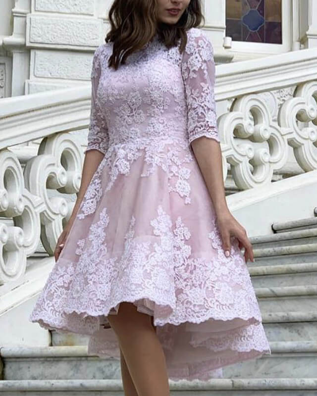 Short Ivory And Pink Dress With Sleeves