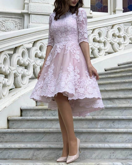 Short Ivory And Pink Dress With Sleeves