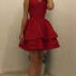 Short Red Satin V-neck Tiered Dress