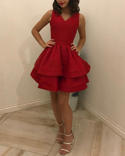 Short Red Satin V-neck Tiered Dress