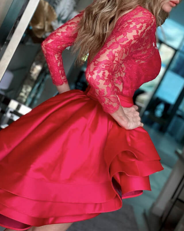 Short Lace Long Sleeve Ruffles Satin Dress