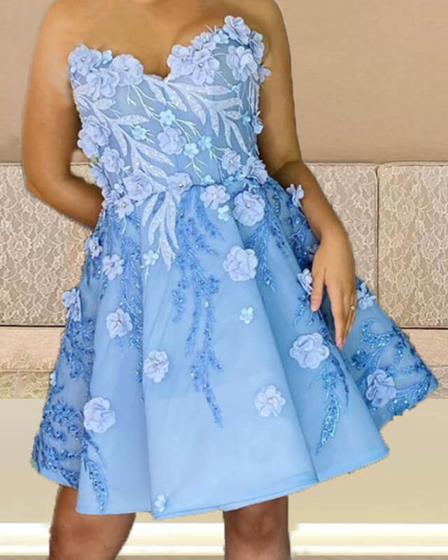 Light Blue 3D Flowers Mini Dress