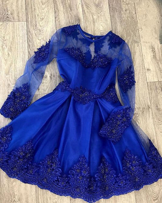 Short Royal Blue Long Sleeves Appliques Homecoming Dress