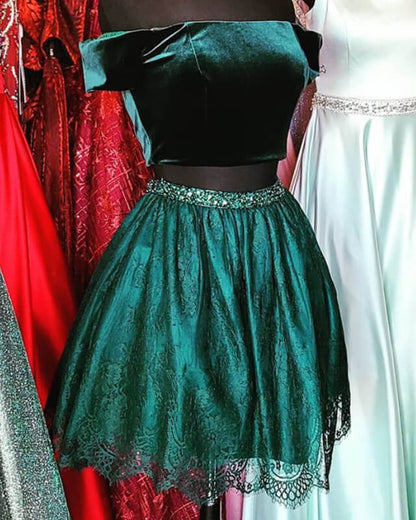 Two Piece Velvet And Lace Homecoming Dresses