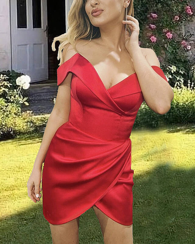 Short Red Tight Off-the-shoulder Satin Dress