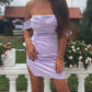 Short Tight Lavender Satin Ruched Homecoming Dresses