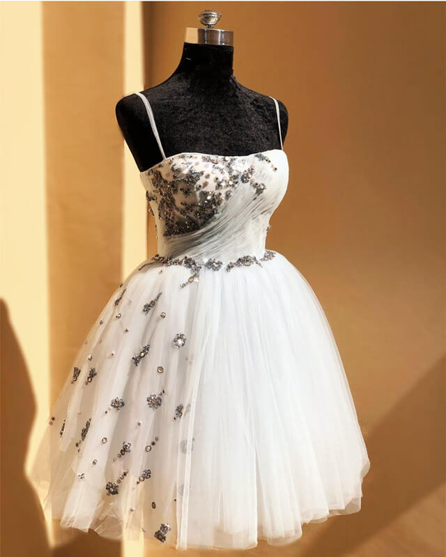 Short White Tulle Spaghetti Strap Dresses With Pearl Beaded