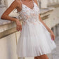 Spaghetti Straps Tulle V Neck Mini Dress With 3d flowers