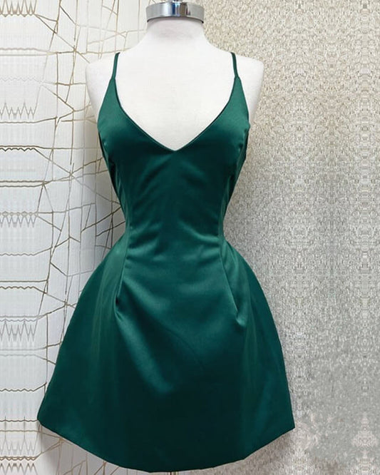 Short A-line Spaghetti Strap Satin Dress