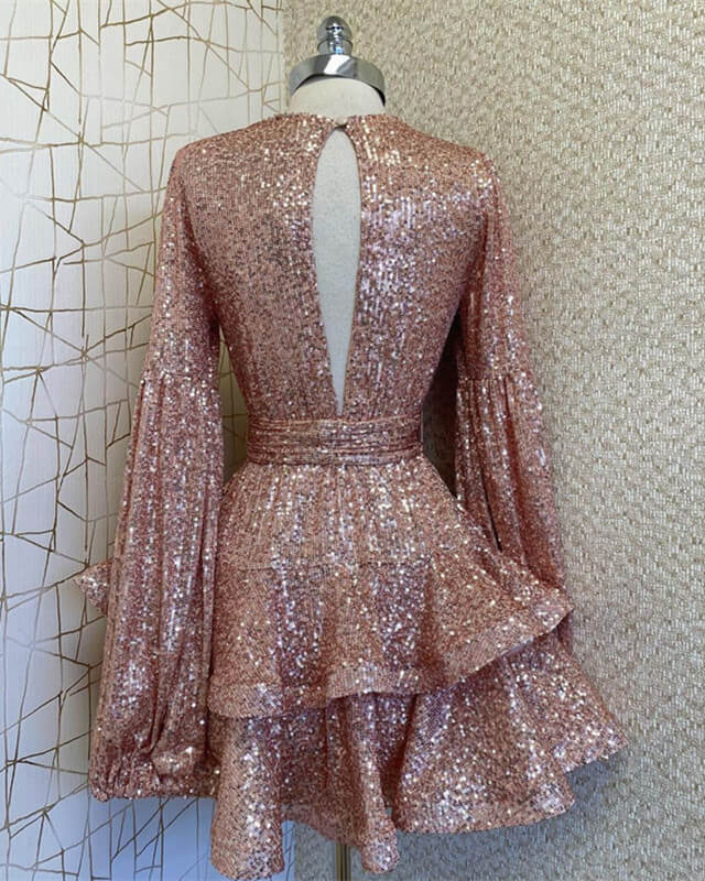 Sparkly Long Sleeve Rose Gold V-neck Sequin Dress