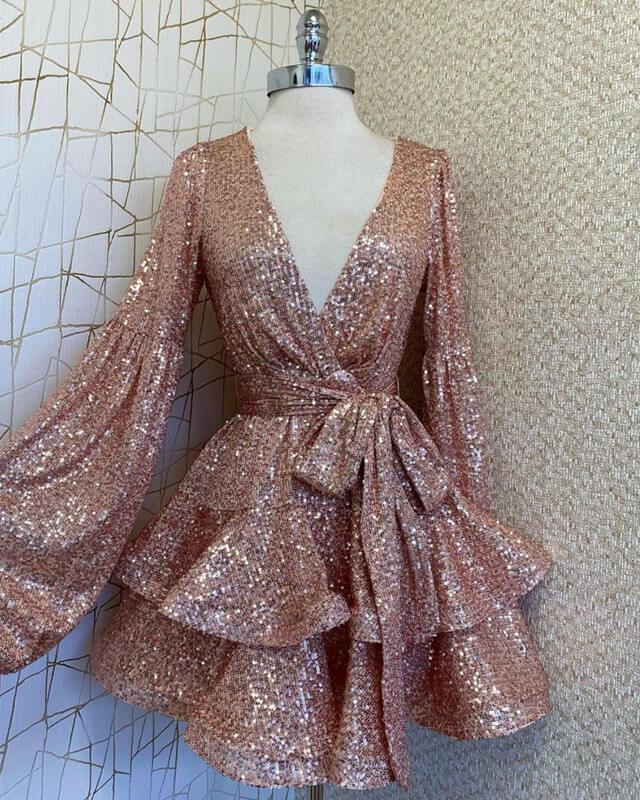 Sparkly Long Sleeve Rose Gold V-neck Sequin Dress