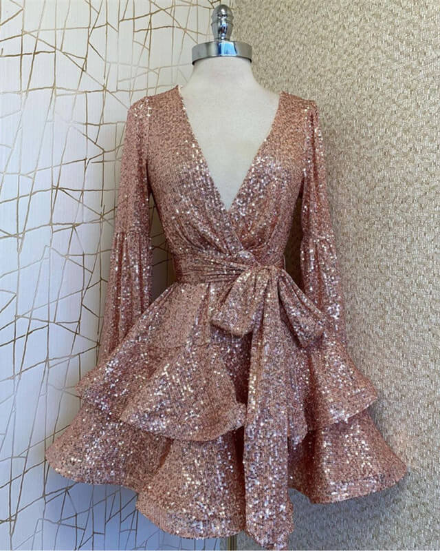 Sparkly Long Sleeve Rose Gold V-neck Sequin Dress
