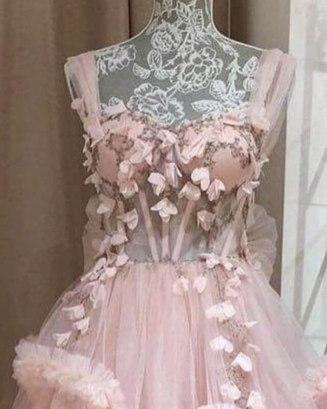 Short Pink Tulle Corset Dress With Handmade Flowers