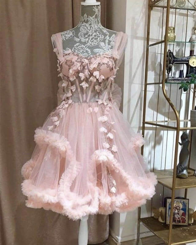 Short Pink Tulle Corset Dress With Handmade Flowers