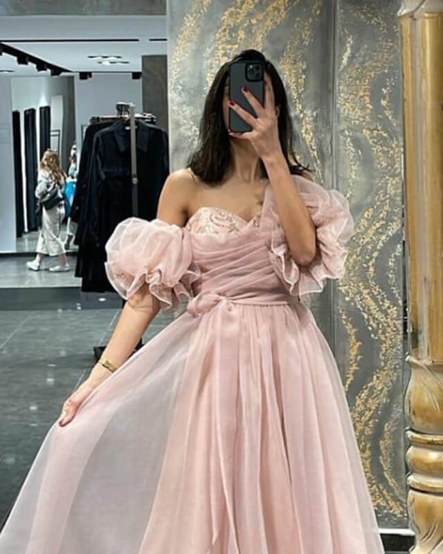 Short Pink Tulle Puffy Sleeve Party Dress