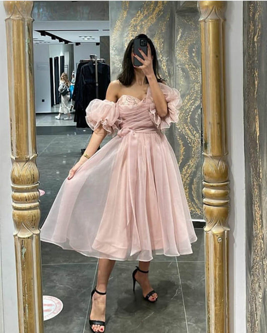 Short Pink Tulle Puffy Sleeve Party Dress