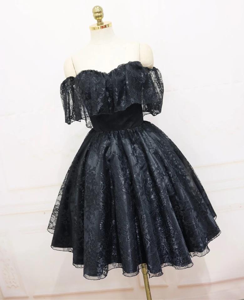 A-Line Off The Shoulder Short Black Lace Homecoming Dress