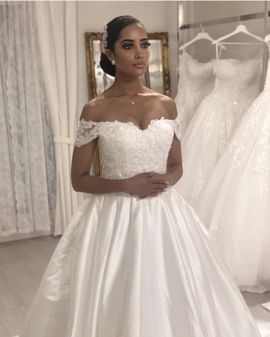 Ball Gown Wedding Satin Dress Off The Shoulder Lace Appliques