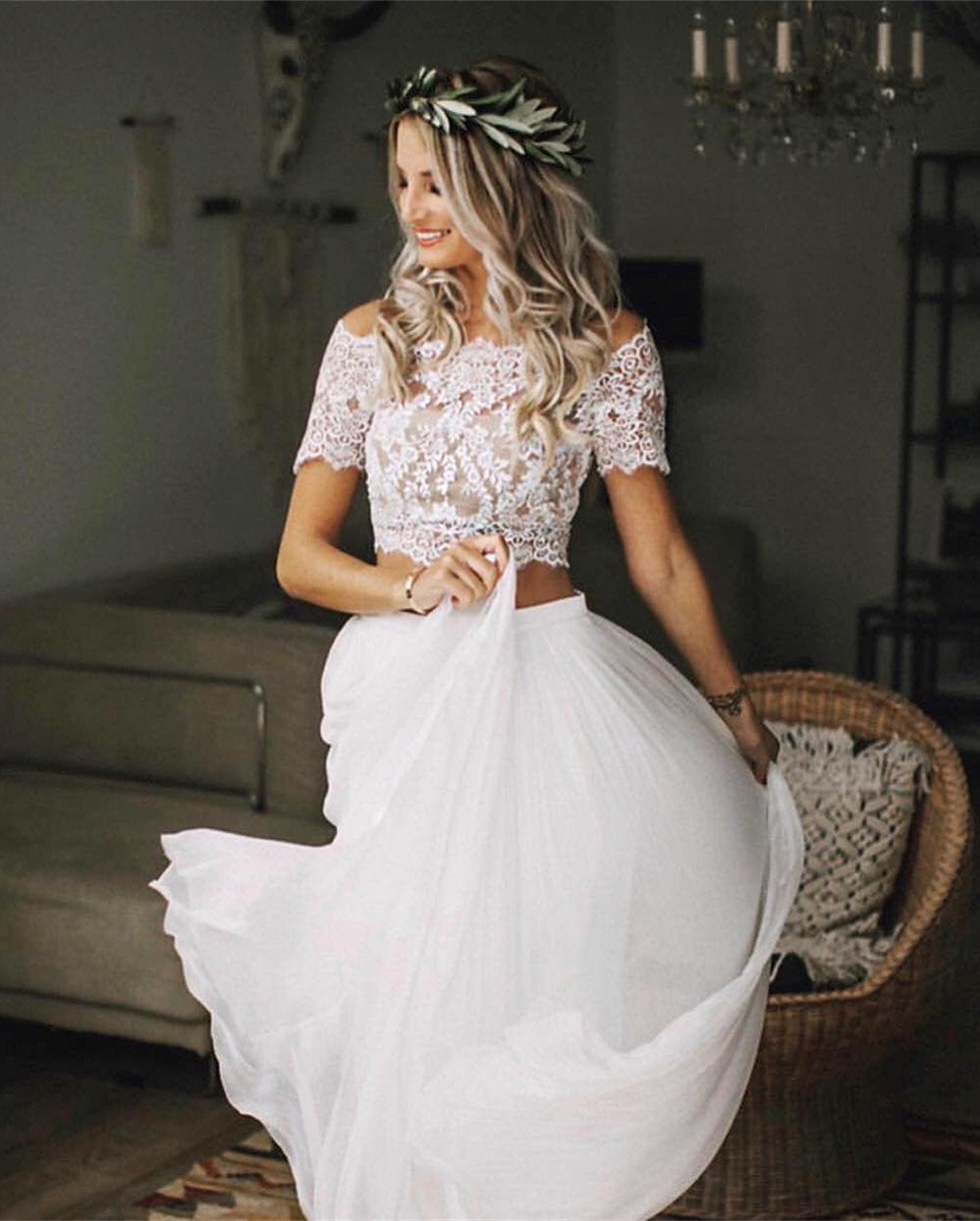 2019-Elegant-Boho-Lace-Crop-Wedding-Dresses-Two-Piece