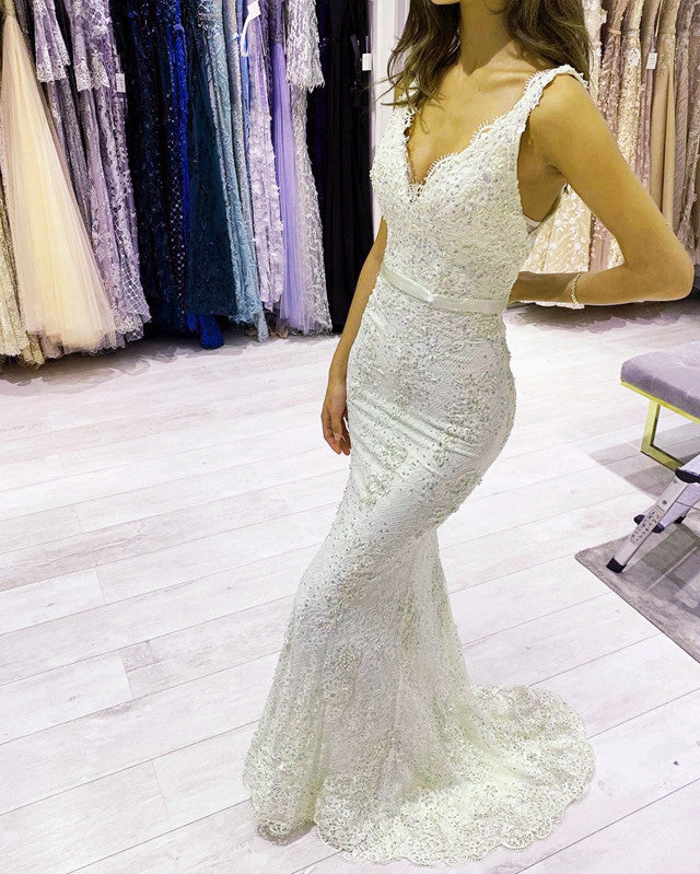 Trumpet Mermaid V Neck Lace Dresses