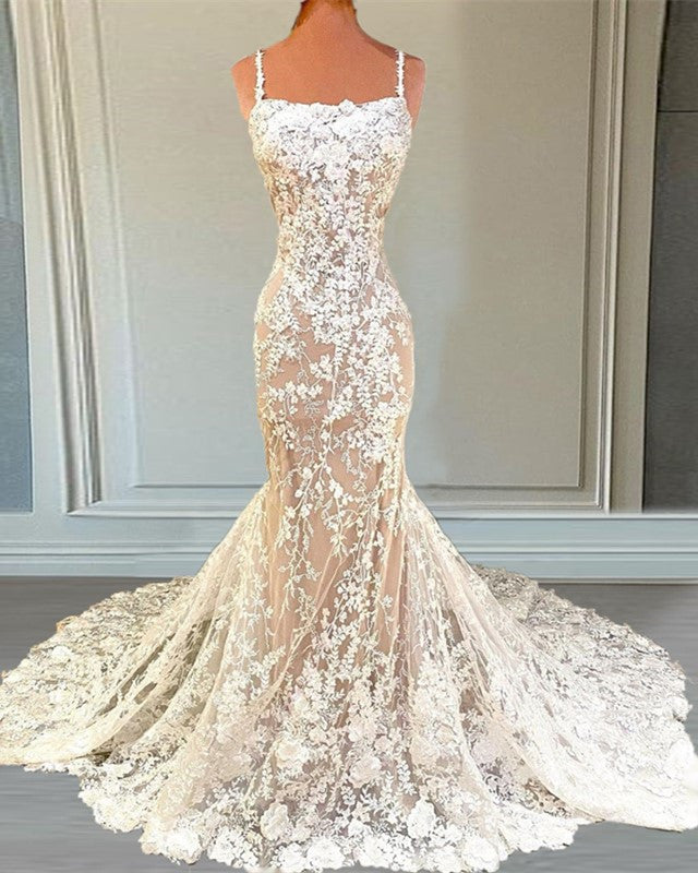 Ivory Lace Mermaid Wedding Dresses Nude Tulle Open Back – Lisposa