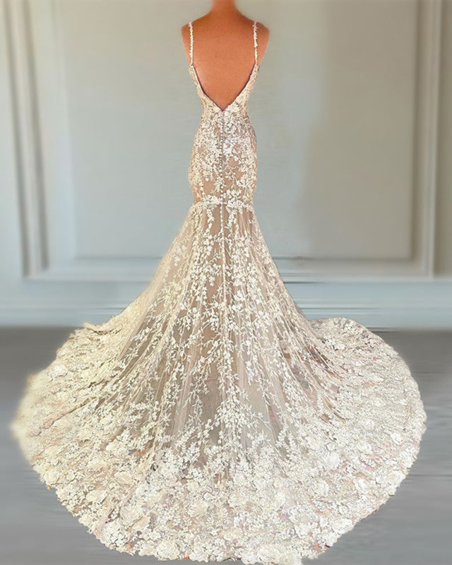 Ivory Lace Mermaid Wedding Dresses Nude Tulle Open Back – Lisposa