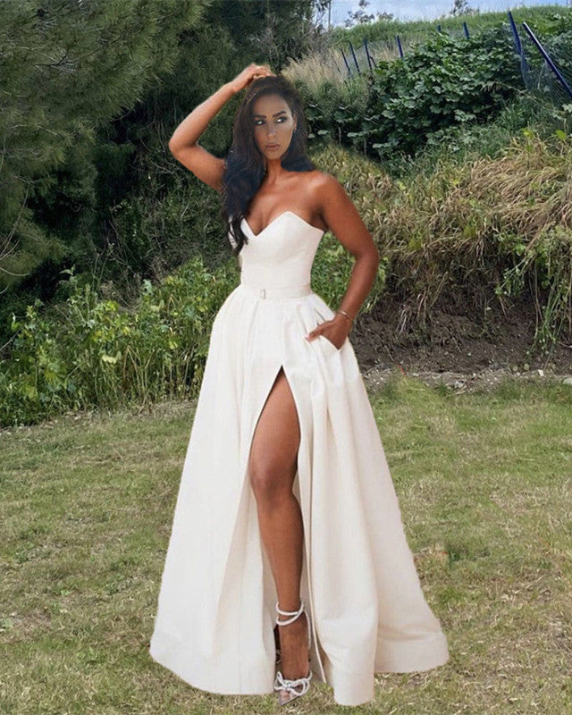 Sleek Satin Split Wedding Dress With Pockets – Lisposa