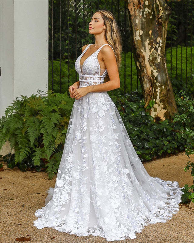 Lace V Neck Wedding Dresses