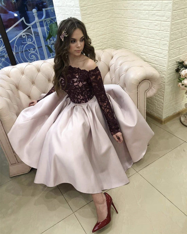 Lace Sleeves Bridesmaid Dresses Tea Length