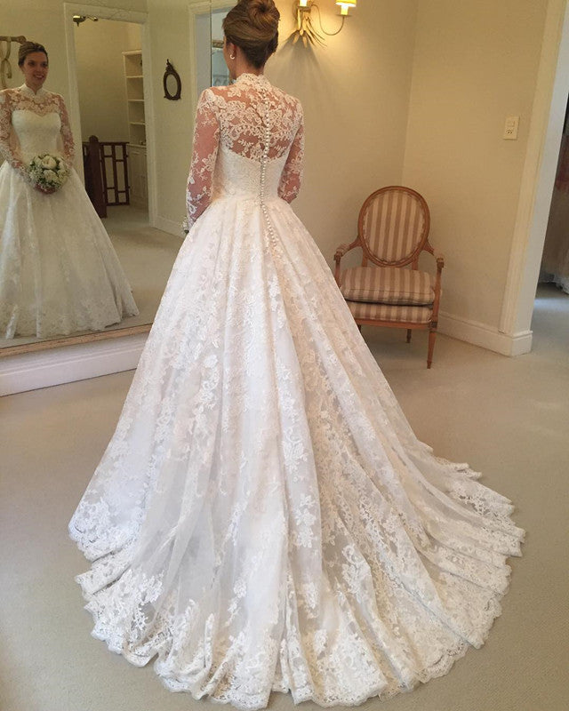 Princess Wedding Dress Lace Long Sleeves High Neck – Lisposa