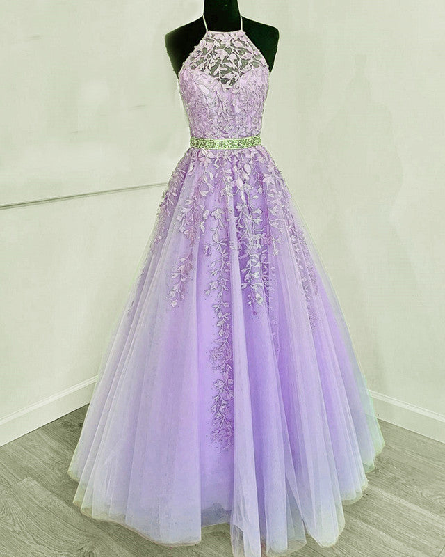Halter Prom Dresses 202 Tulle Ball Gown Appliques – Lisposa