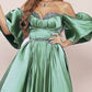 Puffy Sleeve Sage Satin Off-The-Shoulder Dress