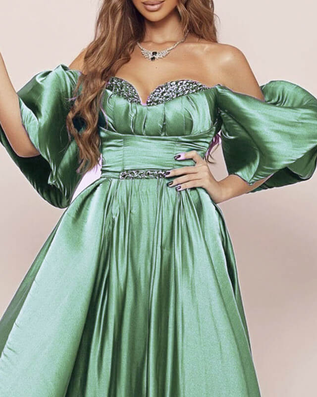 Puffy Sleeve Sage Satin Off-The-Shoulder Dress