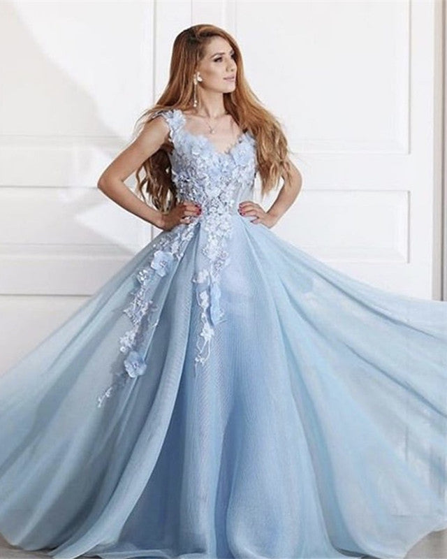 Light Blue Prom Dresses Tulle V Neck 3D Flowers – Lisposa