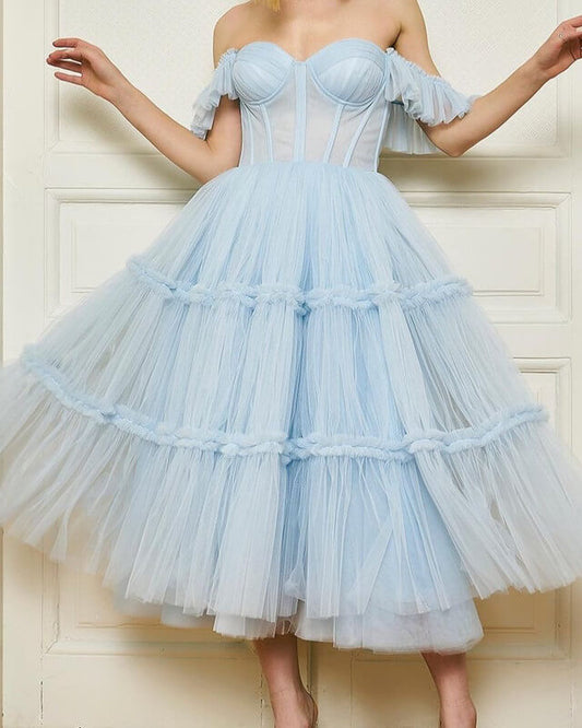 Boho Light Blue Midi Corset Dresses