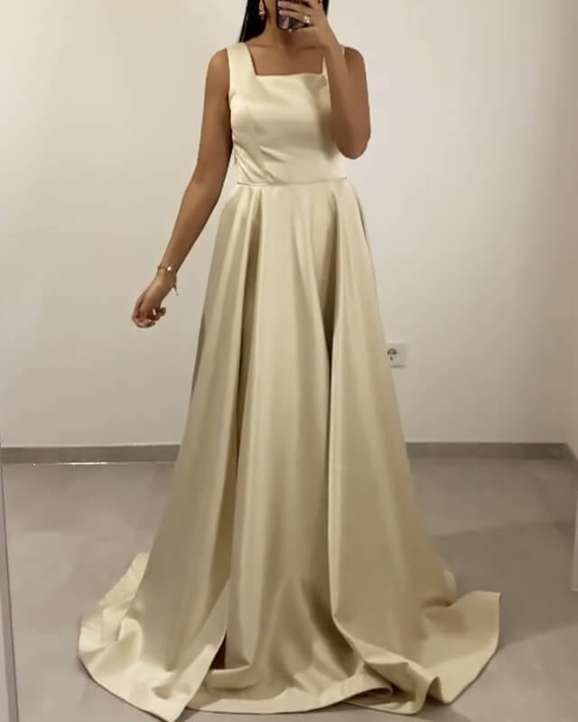Light Champagne Satin Spaghetti Straps Bridesmaid Dresses
