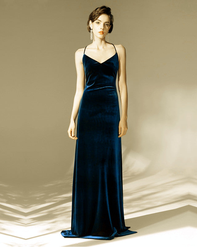 Long Bridesmaid Dresses Velvet V Neck Open Back